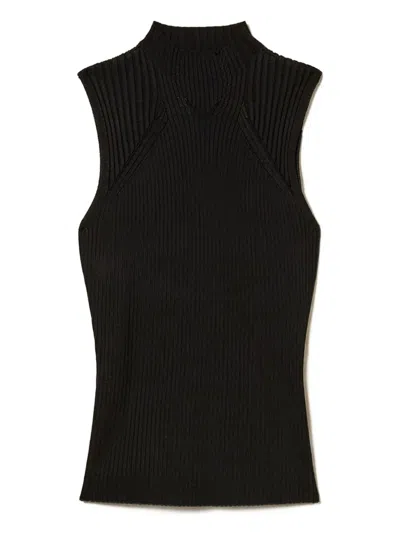 Twinset Mock-neck Ribbed Top In Black