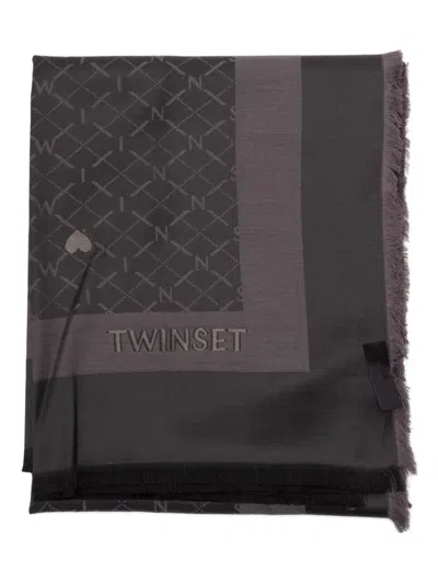 Twinset Monogram Frayed Scarf In Gray