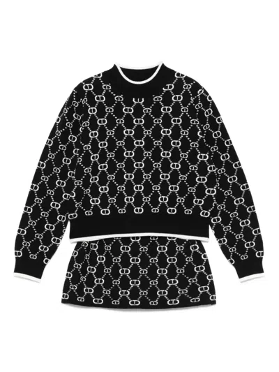 Twinset Kids' Monogram Knit Skirt Suit In Black