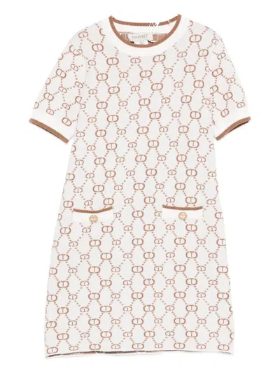 Twinset Kids' Monogram-pattern Knitted Dress In White