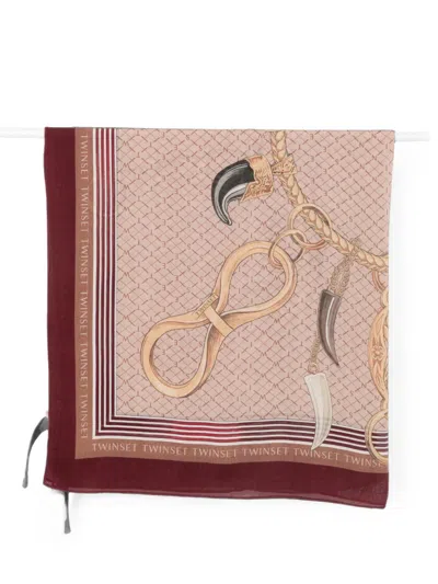 Twinset Monogram-print Logo-border Scarf In Pink