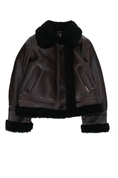 Twinset Twin-set Kids Faux Leather Shearling Aviator Jacket In Brown
