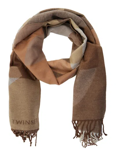 Twinset Multicolor Scarf With Logo Lettering On The Front And Geometric Motif In Viscose Blend Woman In Brown