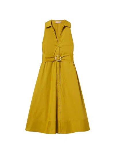 Twinset Mustard Yellow Buttoned V-neck Day Dress In Metallic