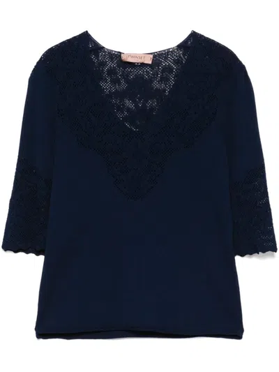 TWINSET NAVY BLUE POINTELLE-DETAIL T-SHIRT