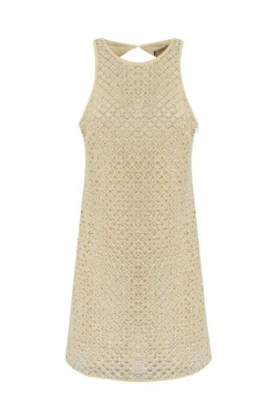 Twinset Net Dress With Beads And Rhinestones In Beige