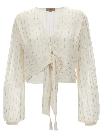 Twinset White Glitter Embroidery Shirt In Beige