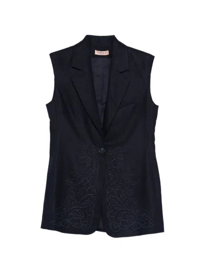Twinset Night Blue Floral Sleeveless Blazer In Black