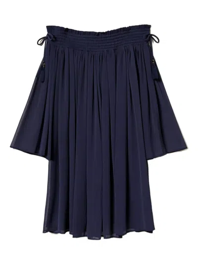 Twinset Off-shoulder Tassel Mini Dress In Blue