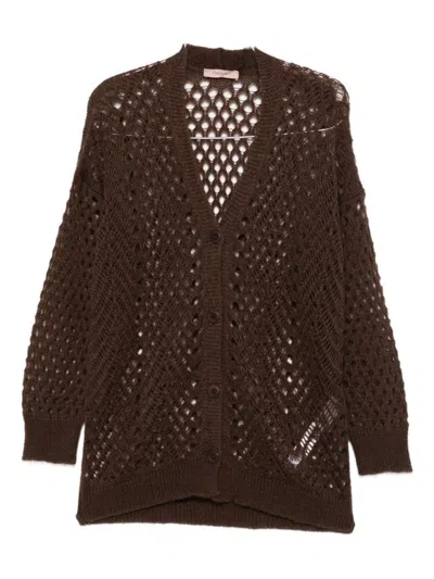 TWINSET OPEN-KNIT BROWN MOHAIR AND WOOL BLEND CARDIGAN