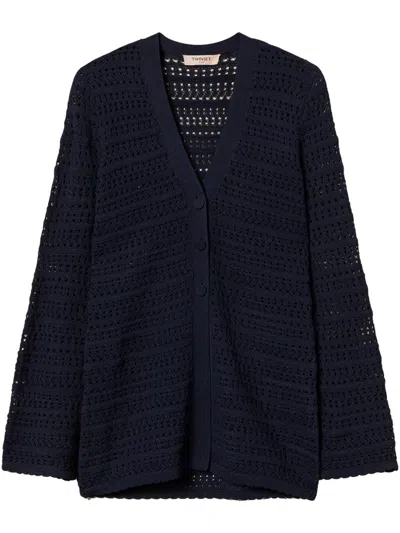 Twinset Open-knit Cardigan In Blue