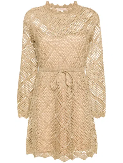 Twinset Open-knit Lurex Mini Dress In Nude