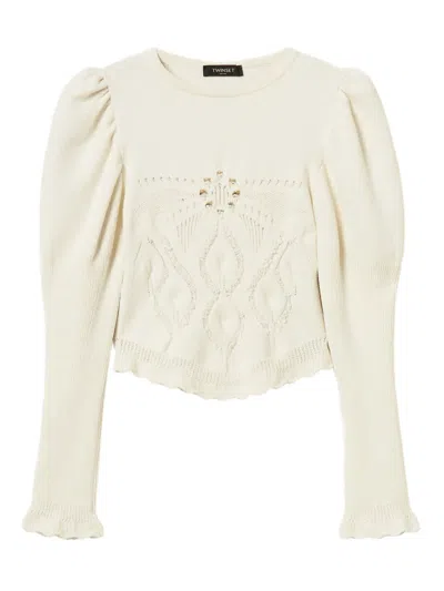 Twinset Open-knit Puff-sleeve Jumper In Neutral