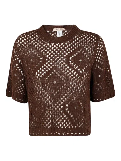 Twinset Open-knit Short-sleeve Top In Brown
