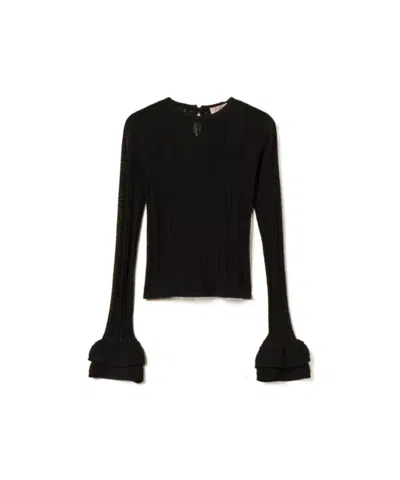 Twinset Open-knit Flounce-sleeve Sweater In Black