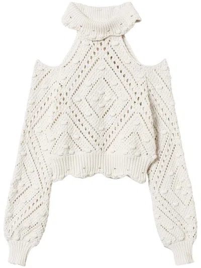 Twinset Openwork-knit Cropped Sweater In Neutrals