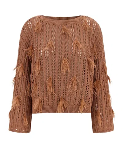 Twinset Brown Cropped Openwork Knit Sweater