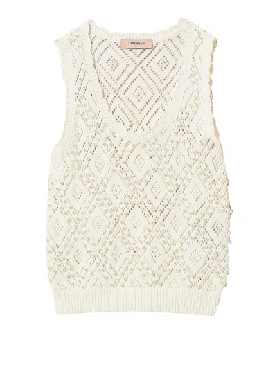 Twinset Openwork Knit Top With Pearl Embellishments In White