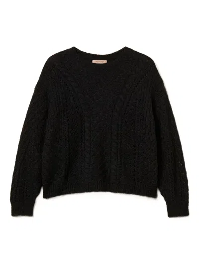 Twinset Openwork Wool-blend Sweater In Black