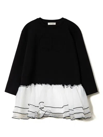 Twinset Kids' Organza-ruffle Dress In 02714 Bic.nero/off White
