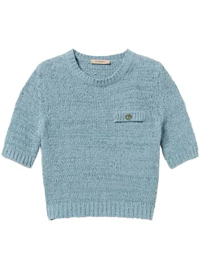 Twinset Oval T Button Cropped Jumper In Blue