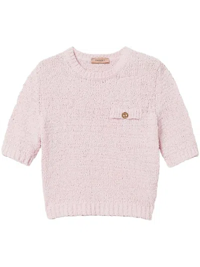 Twinset Oval T Button Cropped Jumper In Pink