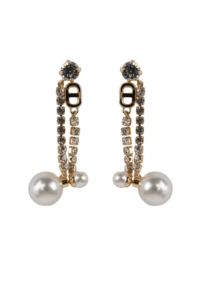 Twinset Oval-t Earrings With Rhinestones And Pearls In New Gold