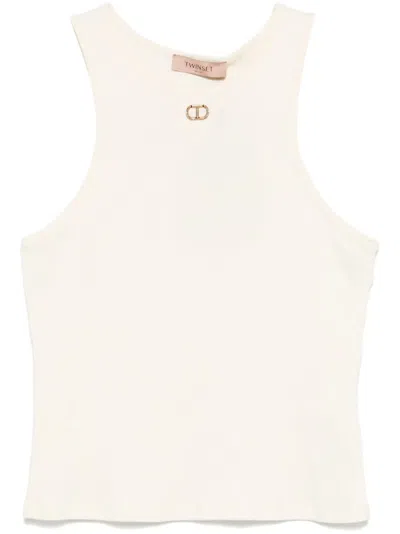 Twinset Oval T Fine-ribbed Tank Top In Neutrals