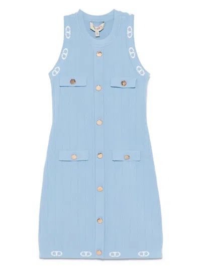 Twinset Kids' Oval T-jacquard Knitted Dress In Blue