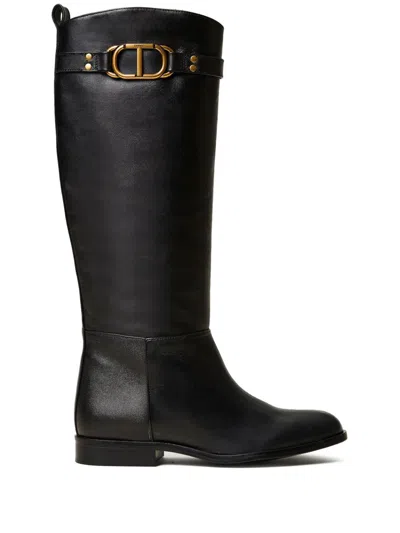 Twinset Oval T Leather Boots In Schwarz