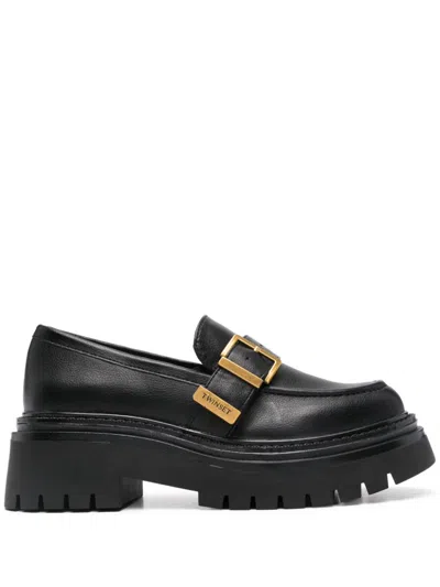 Twinset Twin-set Black Loafers With Platform And Logo In Leather