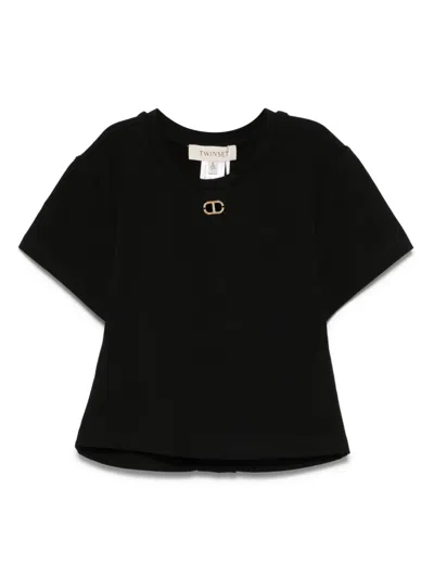 Twinset Kids' T-shirt Mit Ovalem T-schild In Schwarz
