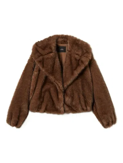Twinset Cropped Faux Fur Coat With Shawl Collar In Brown