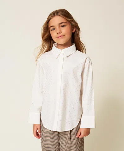 Twinset Kids' Oversize Poplin Shirt With Rhinestones In White