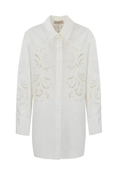 Twinset Oversized Poplin Shirt With Embroidery In Bianco Ottico