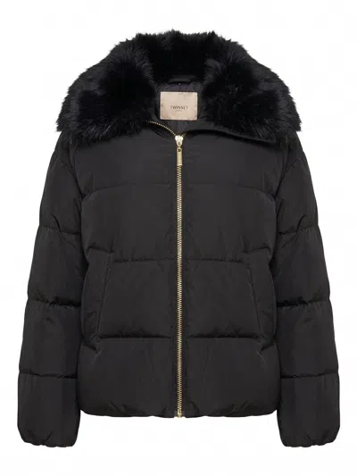 Twinset Faux Fur-collar Zip-up Puffer Jacket In Black