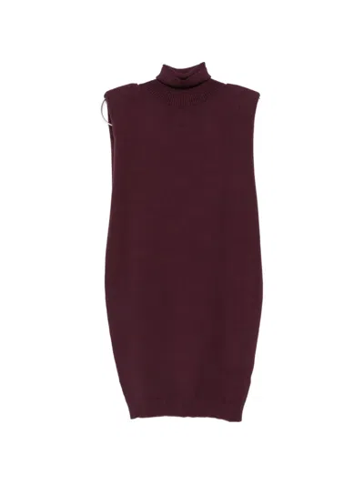 Twinset Sleeveless Knit Turtleneck Mini Dress With Padded Shoulders In Burgundy