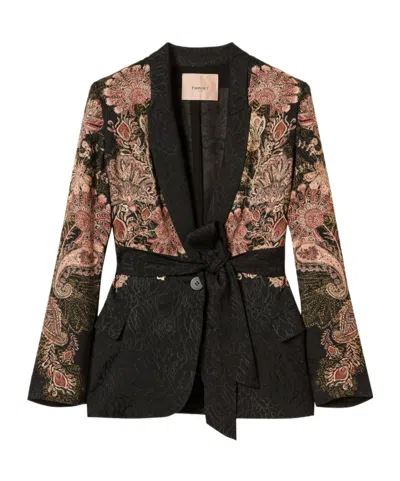 Twinset Paisley-print Belted Blazer In Black