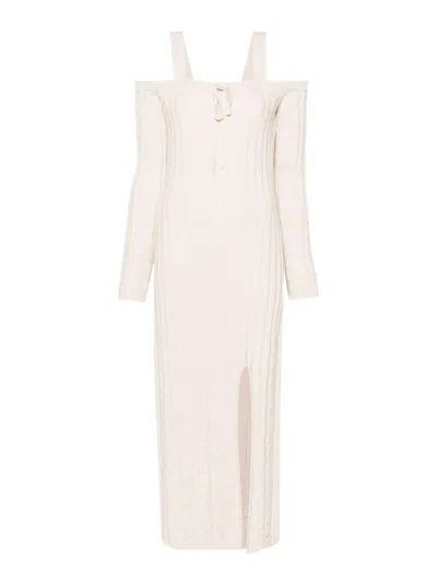 Twinset Cold-shoulder Ribbed-knit Dress In Beige