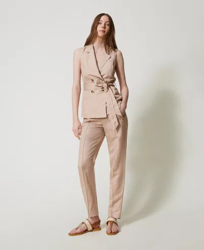 Twinset Pantalon Cigarette En Lin Mélangé In Neutral