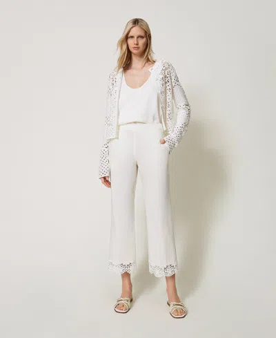 Twinset Pantalon Cropped En Popeline Avec Dentelle In White
