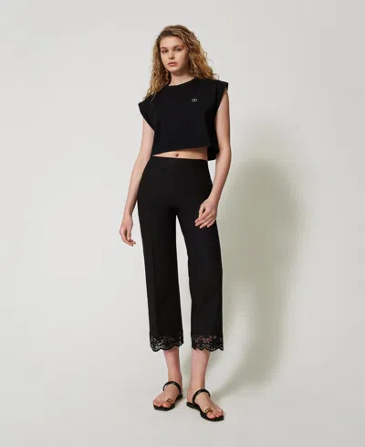Twinset Pantalon Cropped En Popeline Avec Dentelle In Black