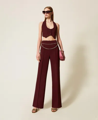 Twinset Pantalon En Crêpe Cady Avec Ceinture In Brown