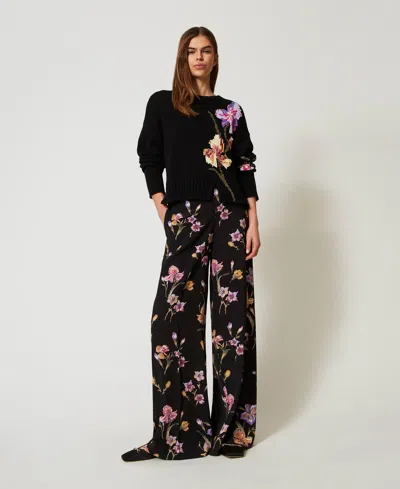 Twinset Pantalon En Crêpe De Chine Floral In Black