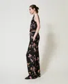Twinset Pantalon En Crêpe De Chine Floral Avec Élastique In Black