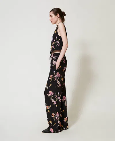 Twinset Pantalon En Crêpe De Chine Floral Avec Élastique In Black