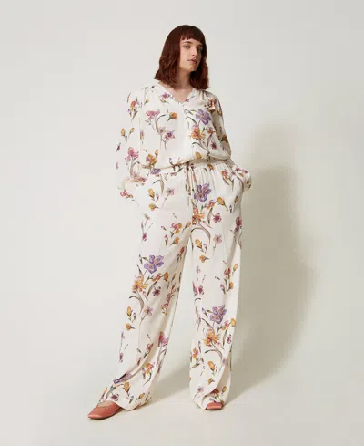 Twinset Pantalon En Crêpe De Chine Floral Avec Élastique In Multi