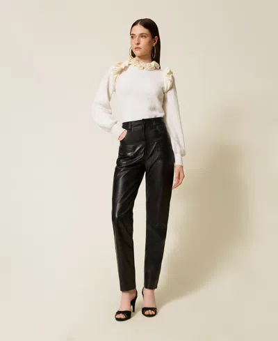 Twinset Pantalon En Cuir Avec Surpiqûres In Black
