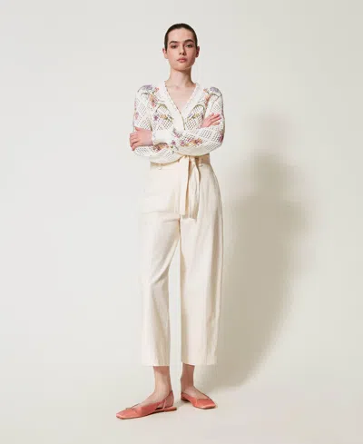 Twinset Pantalon En Gabardine De Coton Mélangé Avec Ceinture In Neutral