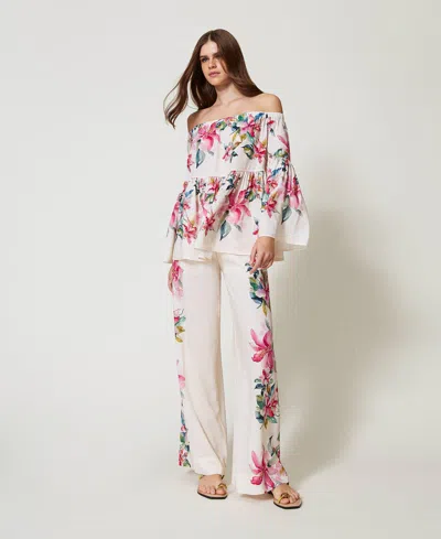 Twinset Pantalon En Lin Mélangé Avec Imprimé Floral